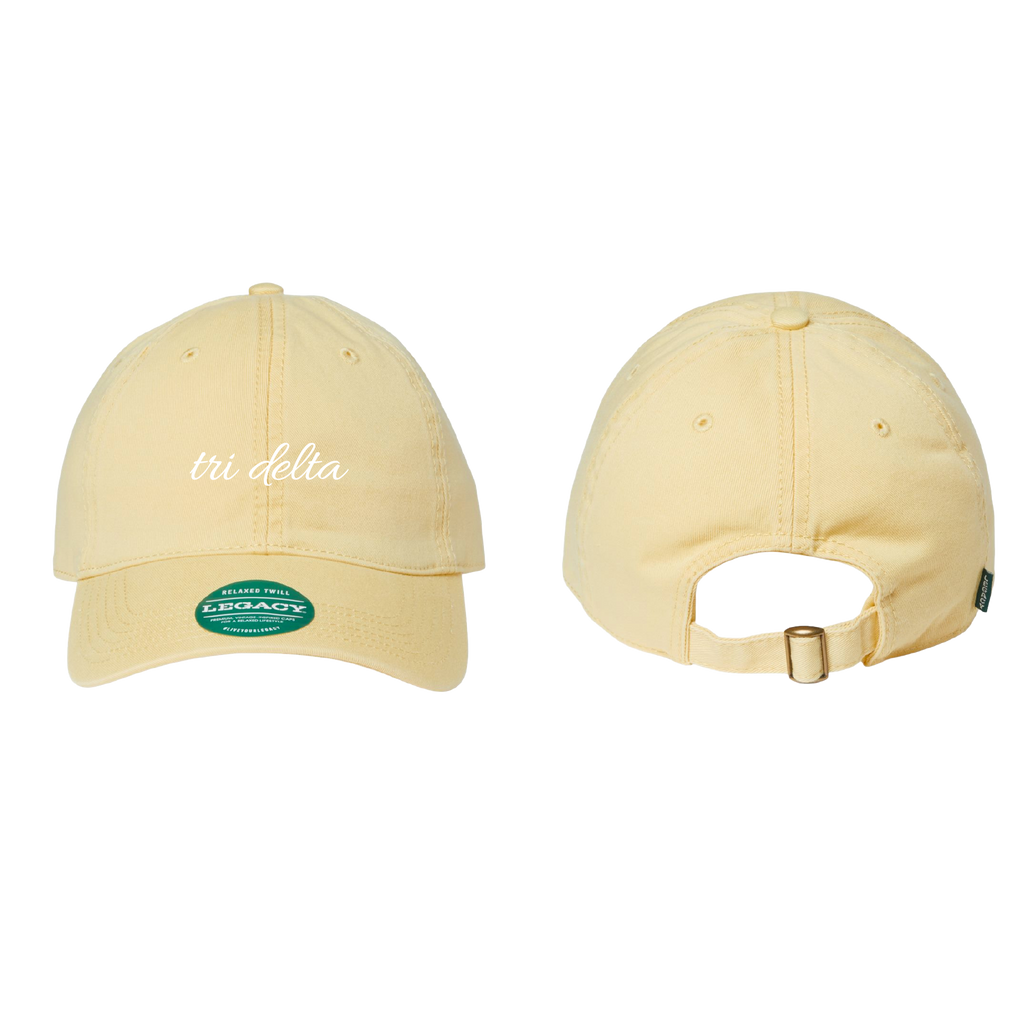 Tri Delta Script Dad Hat – Pale Yellow Relaxed Twill Cap