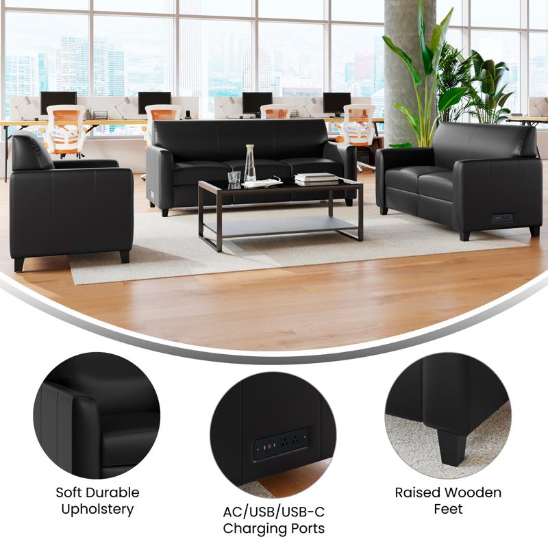 3 Piece Reception Set with Charging Banks and Solid Wood Legs - Black Leathersoft