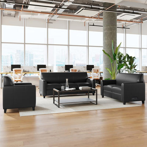 3 Piece Reception Set with Charging Banks and Solid Wood Legs - Black Leathersoft