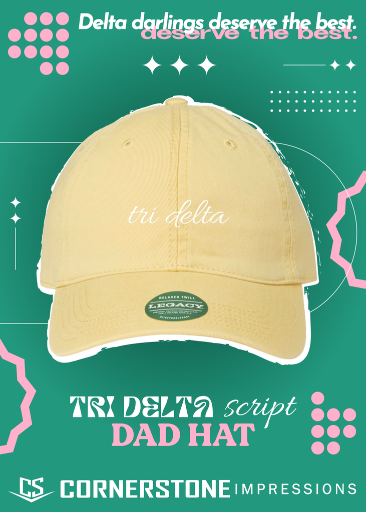 Tri Delta Script Dad Hat – Pale Yellow Relaxed Twill Cap